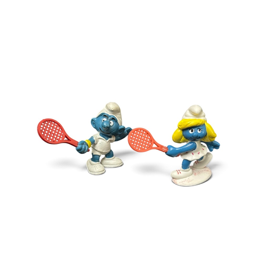 Vintage Tennis Smurf and Smurfette Figures (Schleich) - Lot of 2